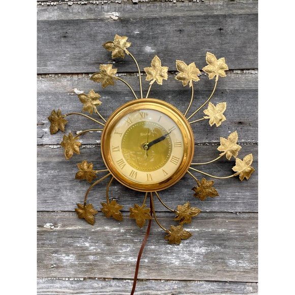 Vintage MCM United Starburst Ivy Leaves Electric wall clock Gold - Picture 2 of 14